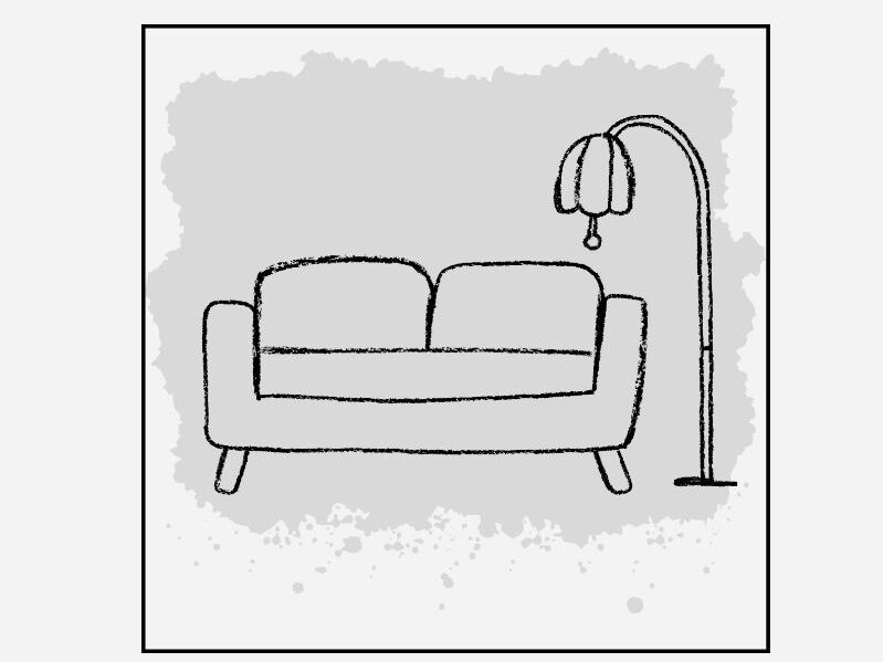 logo do blog, imagem mostra o desenho de um sofa e uma luminaria de piso sobre um fundo cinza