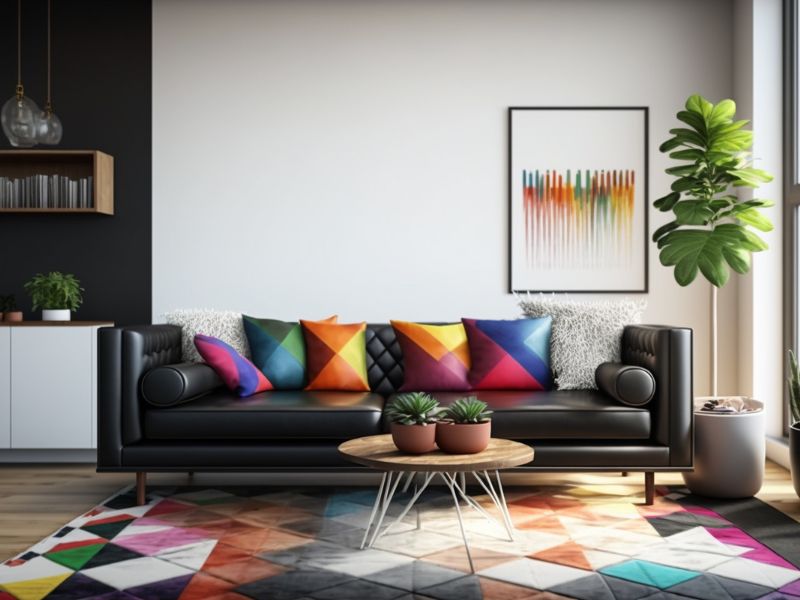 Descubra as cores certas de cada estilo de decoração! 1 descubra as cores certas de cada estilo de decoração, imagem mostra a foto de uma sala com decoracao contemporanea contendo um sofa preto com varias almofadas coloridas, um tapete colorido e um quadro descentralizado na parede em cima do sofa