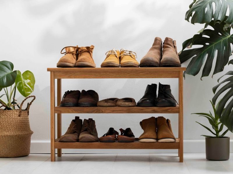 Organize sua Sapateira: 5 Dicas Infalíveis! 1 organize sua sapateira, imagem mostra um banco tipo sapateira com varios pares de sapatos guardados, dos dois lados deste banco ha vaso de plantas